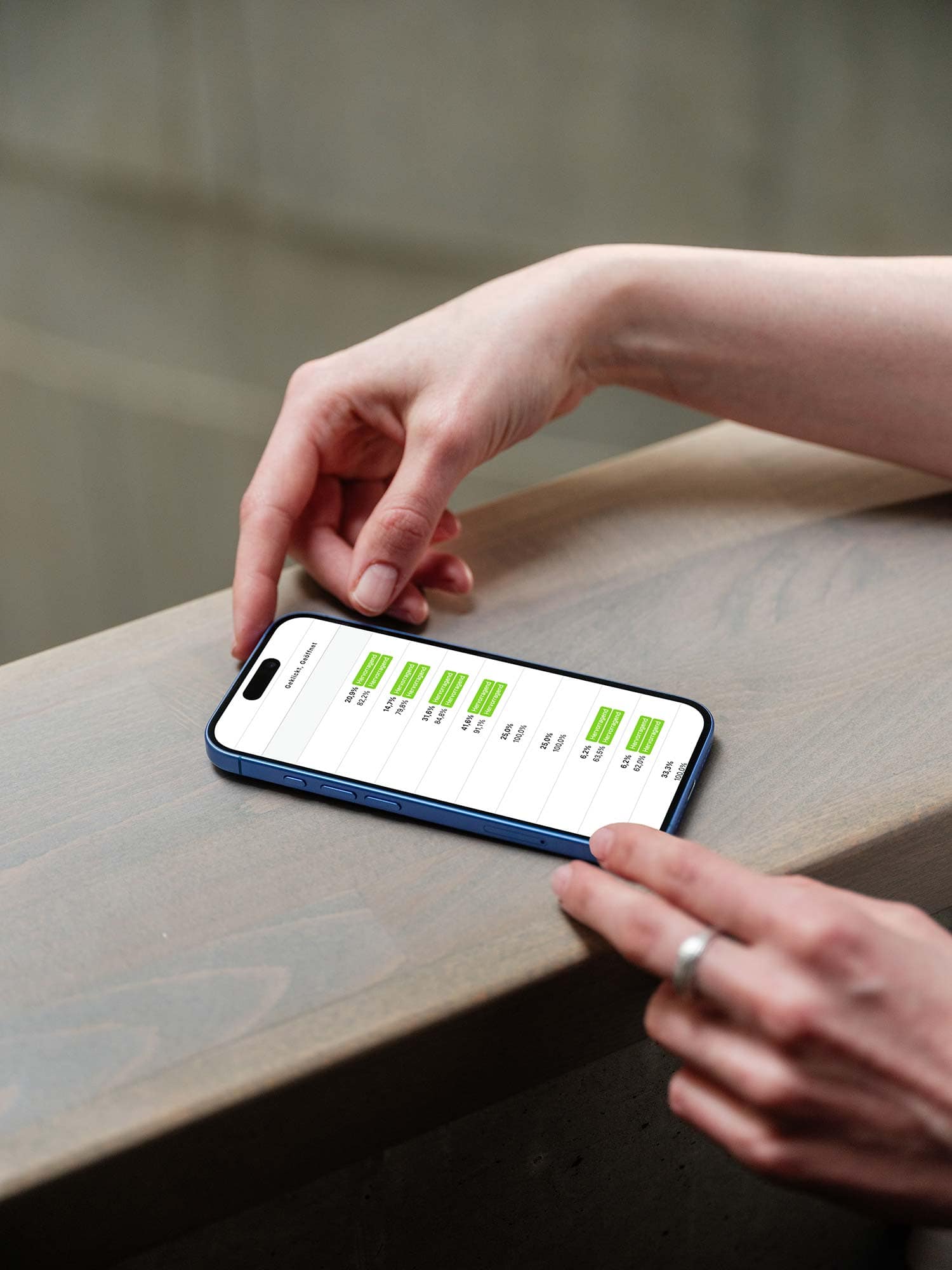 mockuuups iphone 16 mockup on a wooden surface with a hand interacting scaled